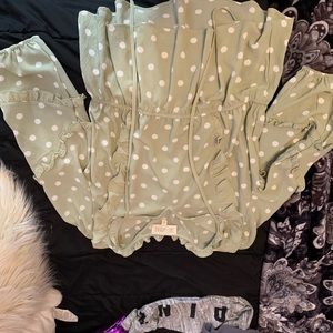 Sage green and polka dot long sleeve blouse